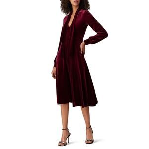 Black Halo Dark Red Velvet Ruby Bishop Long Sleeve Tie Neck Midi Dress Size 2